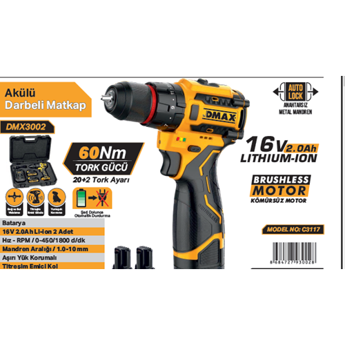 DMAX AKÜLÜ DARBELI VIDALAMA 16V 2.Ah C3117 DMX3002