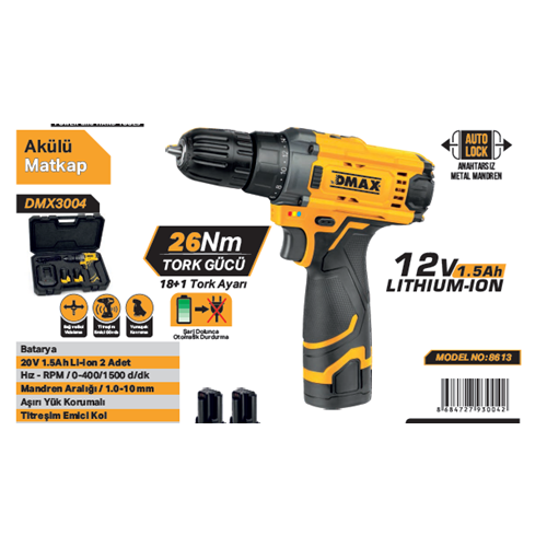 DMAX AKÜLÜ VIDALAMA 12V 1.5Ah 8613 DMX3004