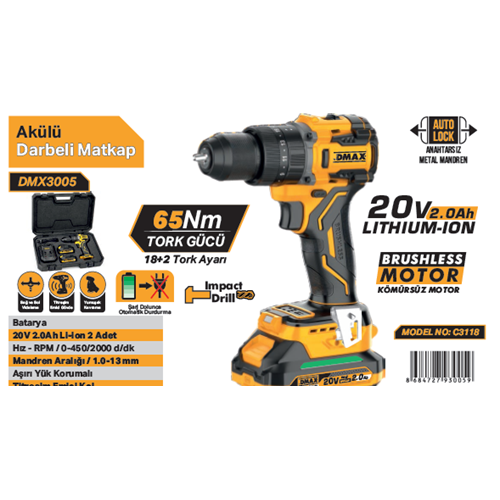 DMAX AKÜLÜ DARBELI VIDALAMA 20V 2.0Ah C3118 DMX3005