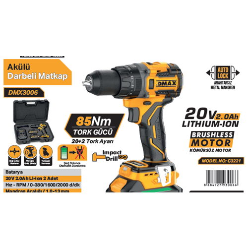 DMAX AKÜLÜ DARBE VIDALAMA 20V 2.0Ah C3221 DMX3006