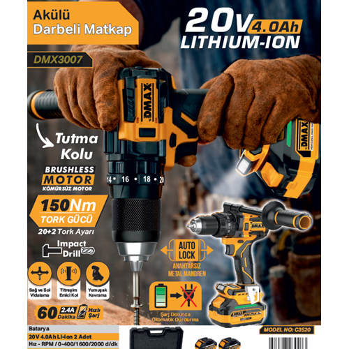 DMAX AKÜLÜ DARBELI VIDALAMA 20V 4.0Ah C3520 DMX3007