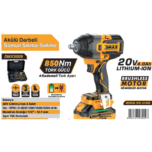 DMAX AKÜLÜ DARBELI SOMUN SIKMA 20V 4.0Ah A1420 DMX3009