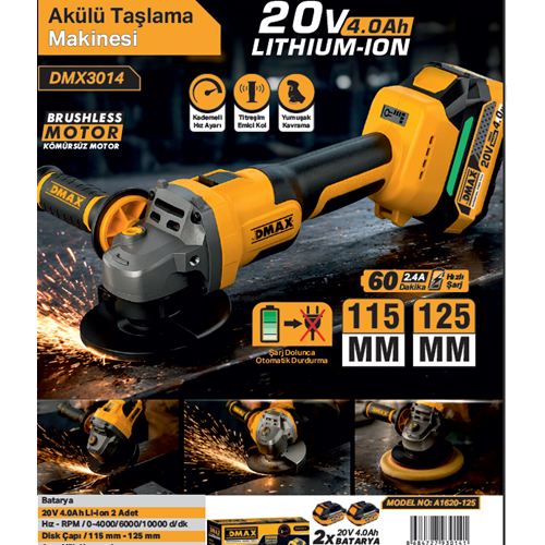 DMAX AKÜLÜ TASLAMA MAKINESI 115mm 20V 4.0Ah A1620-125 DMX3014