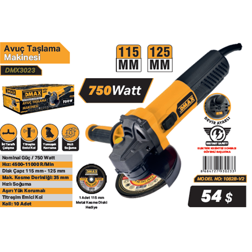 DMAX AVUS TASLAMA MAKINESI 115mm 750w 1082B-V2 DMX3023 devir ayarli
