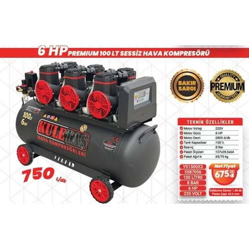KOMPRESÖR MAKINESI 100 LT 6 HP PREMIUM SESSIZ YAGSIZ KULETAS
