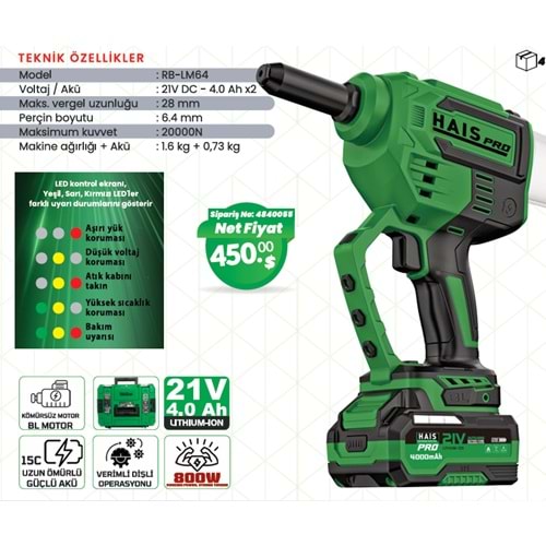 PERÇIN MAKINASI 21V DC-4.0 Ah RB-LM64 HAISPRO