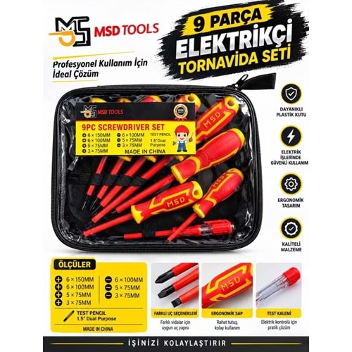 TORNAVIDA SETI 9 PARÇA IZOLE ELEKTRIKCI MSDTOOLS