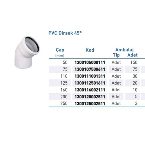 PVC ATIK SU Dirsek 45° d50