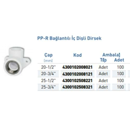 PPR Dirsek Bağlantı İç Diş Byz Byz d20-3/4