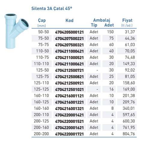 Silenta Çatal PPB Sil.3A 45° d200-200