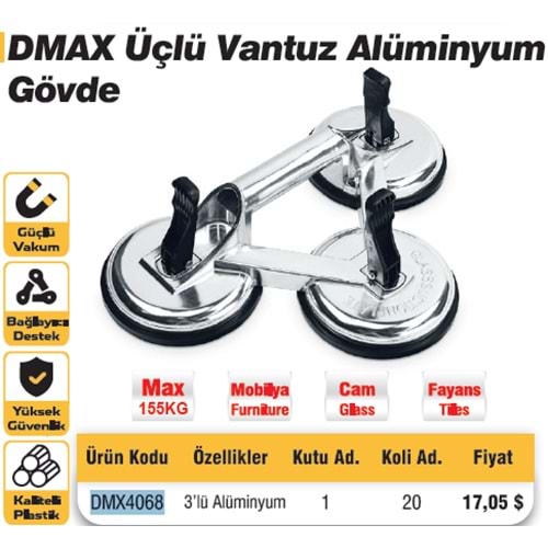 CAM VANTUZU ALÜMINYUM (ÜÇLÜ-150 KG)DMAX 4068