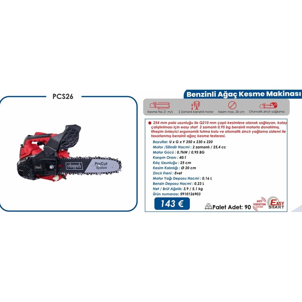 SCHEPPACH AGAÇ KESME MOTORU BENZINLI TESTERE PCS 26