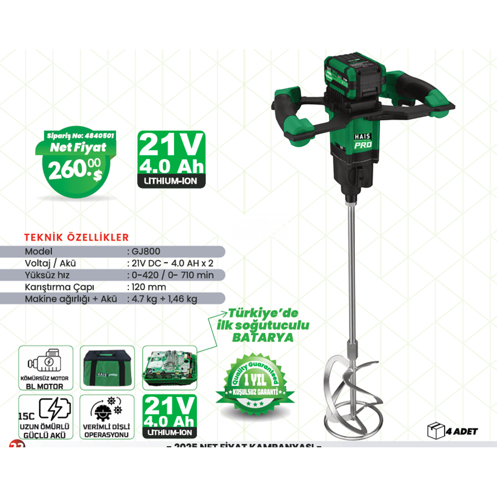 HAISPRO AKÜLÜ BOYA VE HARÇ KARISTIRICI 120 MM 21V (2x4.0 Ah) GJ800