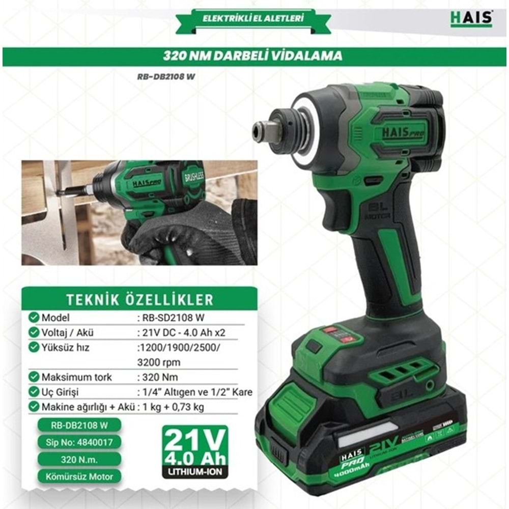 HAISPRO AKÜLÜ VIDALAMA LOKMA DARBELI RB-DB2108W (2x2.0 Ah) 21V