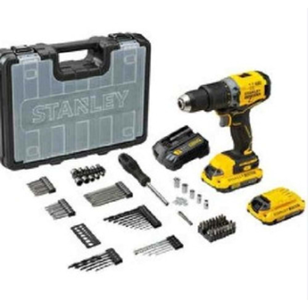 AKÜLÜ DELME VIDALAMA STANLEY SCD201D2KA 18V LI-ON + 100 PARÇA UÇ SETI