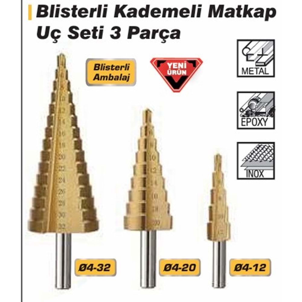 HSS KADEMELI MATKAP UCU SETI DMAX 3 PARÇA 2291