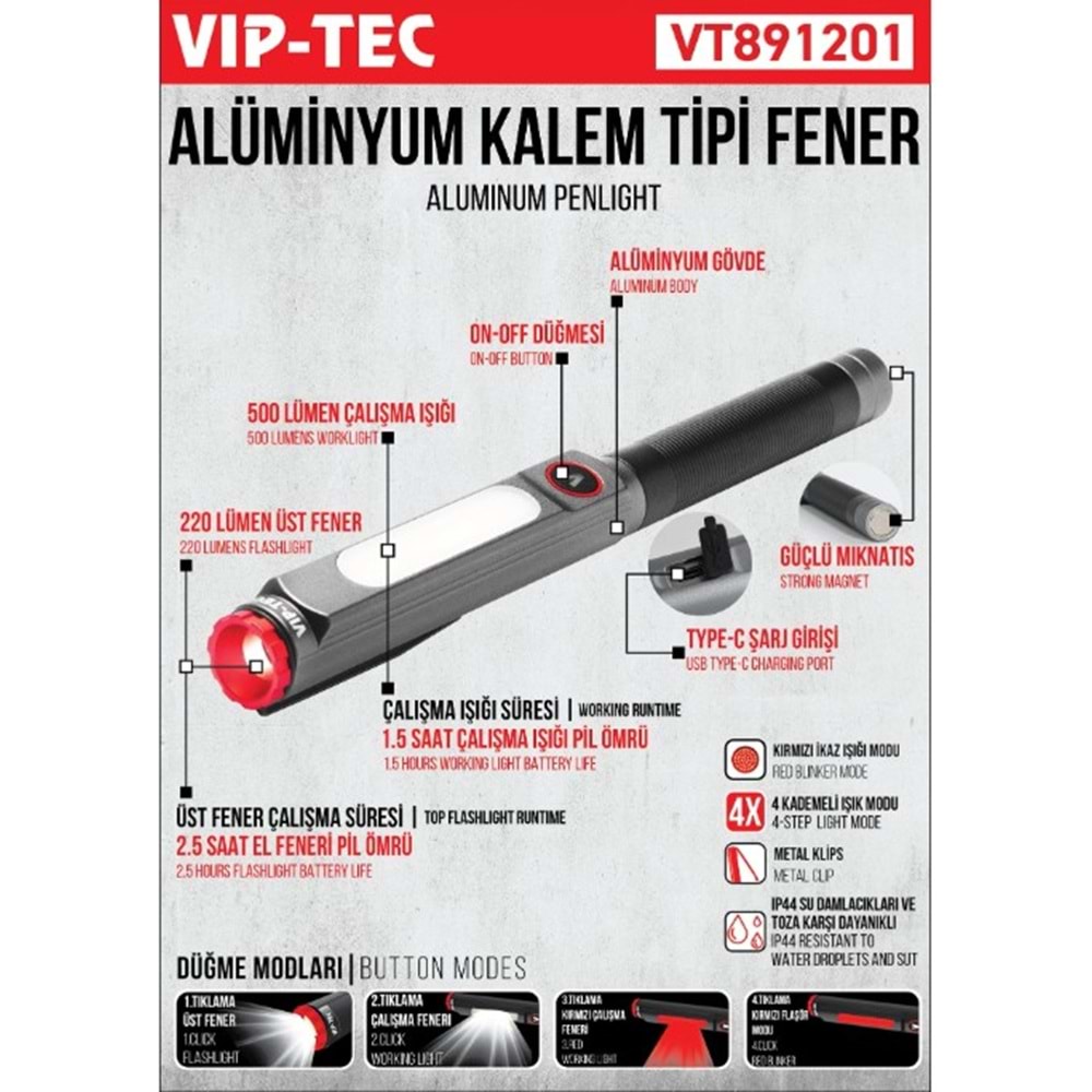 VIP-TEC EL FENERI KALEM TIPI ALÜMINYUM VT891201