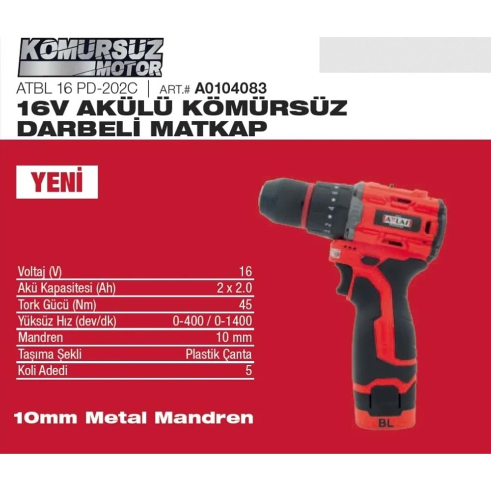 ATTLAS AKÜLÜ DELME VIDALAMA DARBELI 16V ATBL 16PD-202C