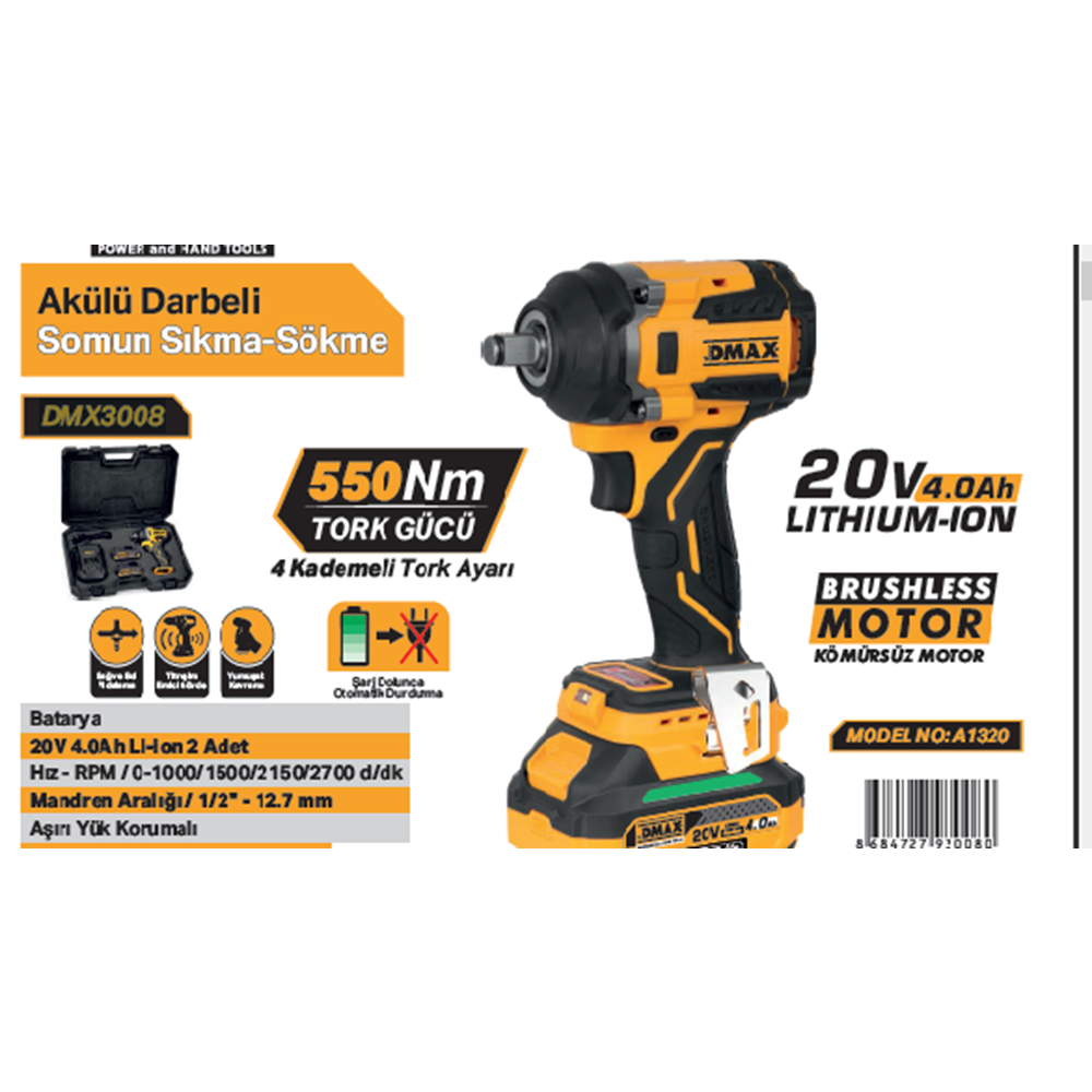 DMAX AKÜLÜ DARBELI SOMUN SIKMA 20V 4.0Ah A1320 DMX3008