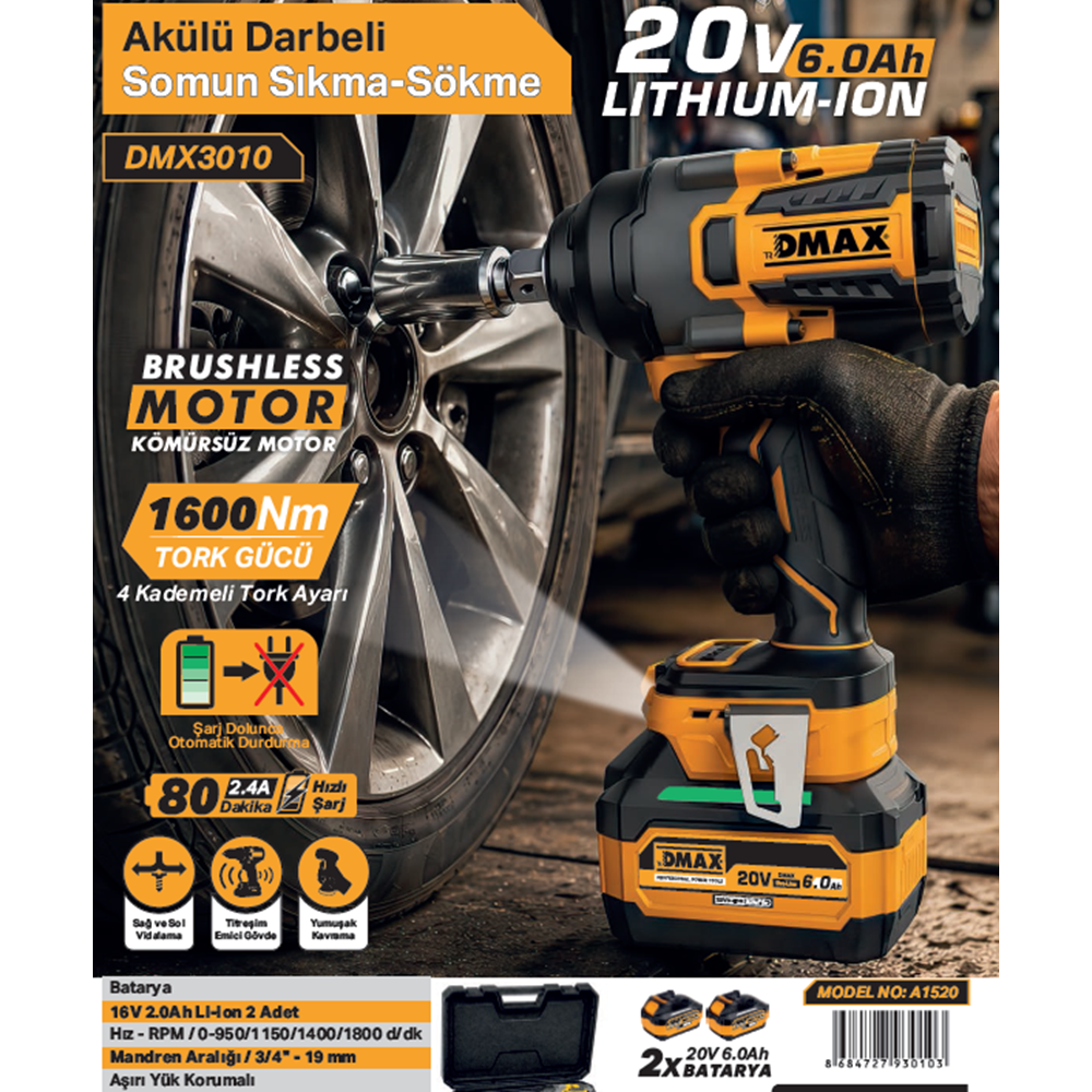 DMAX AKÜLÜ DARBELI SOMUN SIKMA 20V 6.0Ah A1520 DMX3010
