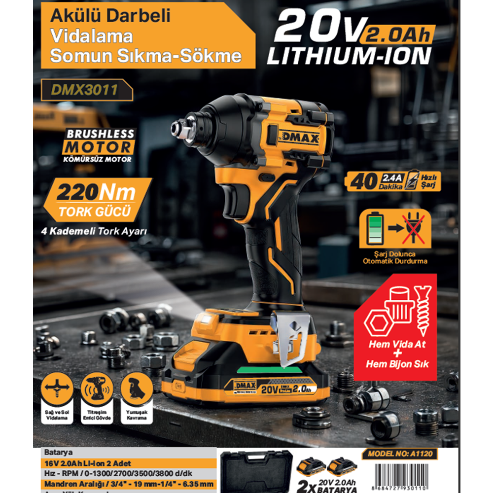 DMAX AKÜLÜ DARBELI VIDALAMA SOMUN SIKMA 20V 2.0Ah A1120 DMX3011