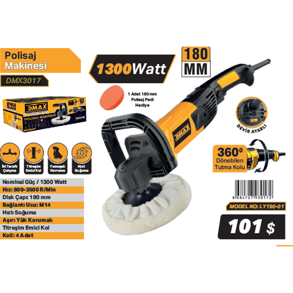 DMAX POLISAJ MAKINESI 180mm 1300W LY190-01 DMX3017