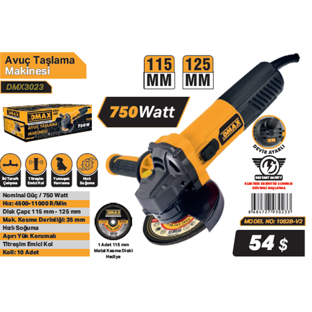 DMAX AVUS TASLAMA MAKINESI 115mm 750w 1082B-V2 DMX3023 devir ayarli
