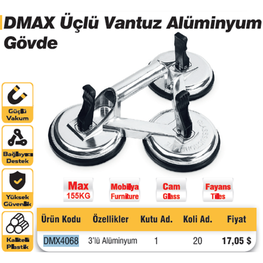 CAM VANTUZU ALÜMINYUM (ÜÇLÜ-155 KG) DMAX DMX4068